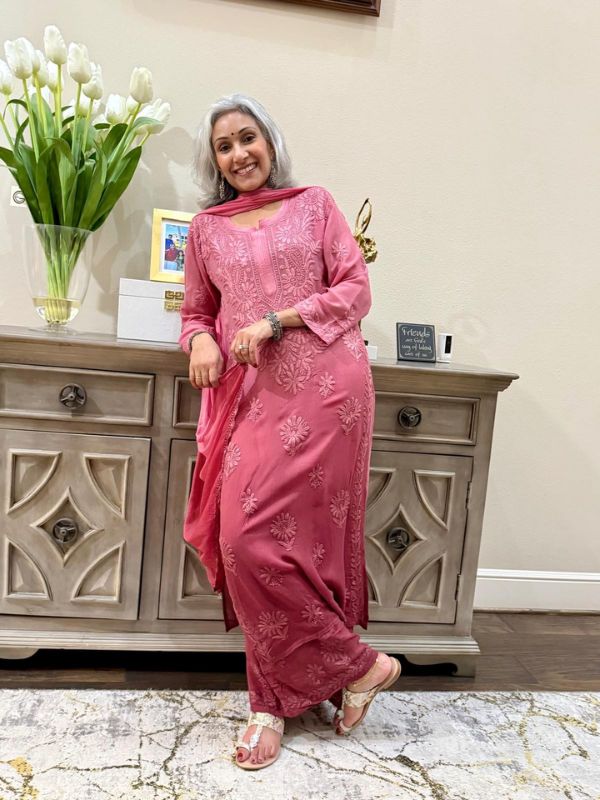 CHIKANKARI Viscose Georgette top and pant With 3D Work-shaded onion pink(DUPATTA INCLUDING) - Image 4