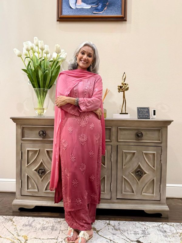 CHIKANKARI Viscose Georgette top and pant With 3D Work-shaded onion pink(DUPATTA INCLUDING)
