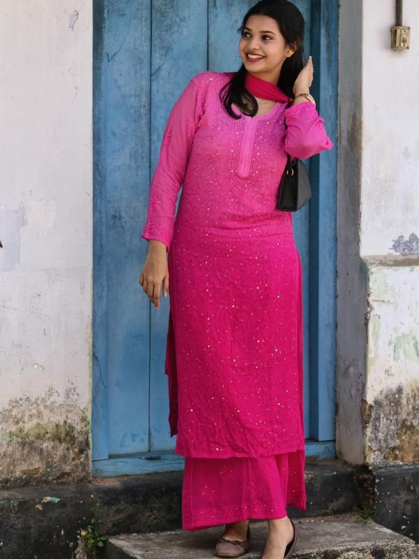 CHIKANKARI Viscose Georgette top and pant with mukesh- pink rose(DUPATTA INCLUDING)