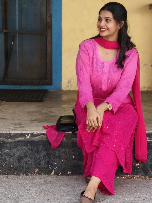 CHIKANKARI Viscose Georgette top and pant with mukesh- pink rose(DUPATTA INCLUDING) - Image 3