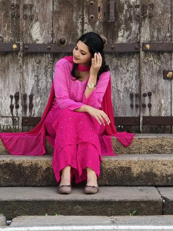CHIKANKARI Viscose Georgette top and pant with mukesh- pink rose(DUPATTA INCLUDING) - Image 4