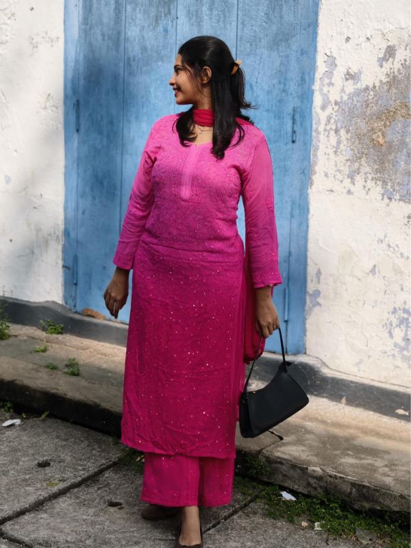 CHIKANKARI Viscose Georgette top and pant with mukesh- pink rose(DUPATTA INCLUDING) - Image 5