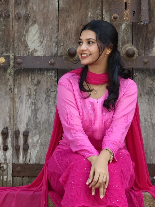 CHIKANKARI Viscose Georgette top and pant with mukesh- pink rose(DUPATTA INCLUDING) - Image 6