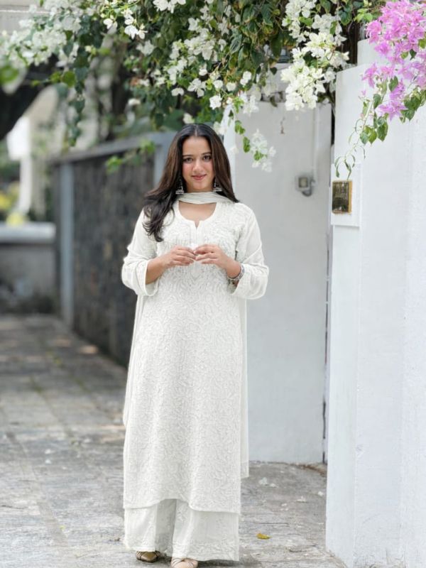 CHIKANKARI Viscose Georgette top and pant with mukesh-white(DUPATTA INCLUDING) - Image 3