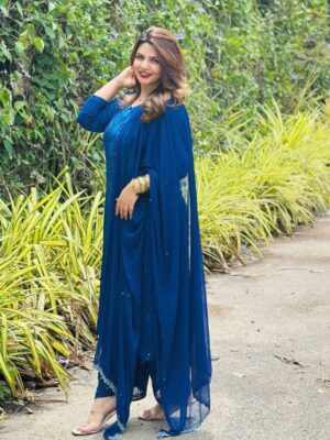 CHIKANKARI Viscose Georgette  top and pant with mukesh- BLUE(DUPATTA INCLUDING)