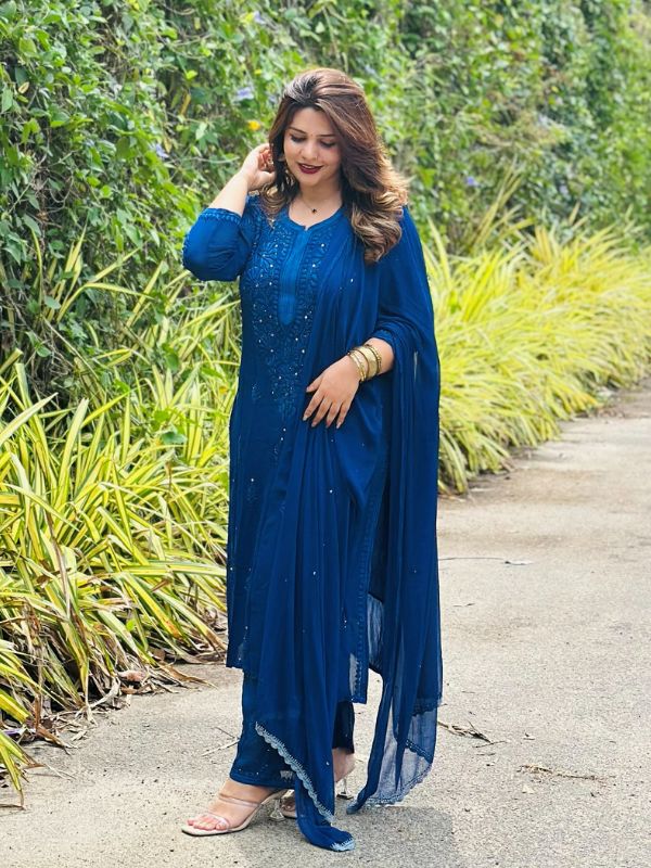 CHIKANKARI Viscose Georgette top and pant with mukesh- BLUE(DUPATTA INCLUDING) - Image 4