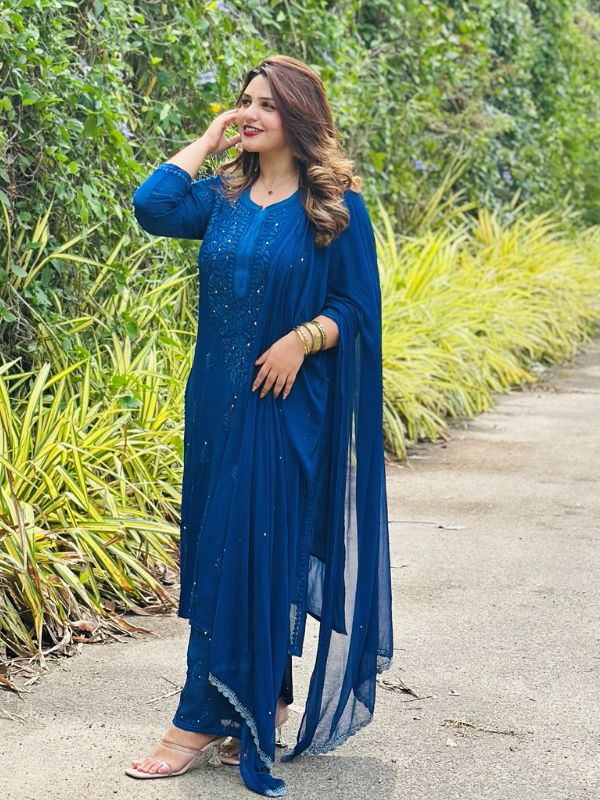 CHIKANKARI Viscose Georgette top and pant with mukesh- BLUE(DUPATTA INCLUDING) - Image 2