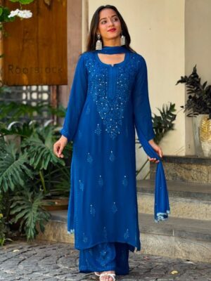 CHIKANKARI Viscose Georgette  top and pant with mukesh- BLUE(DUPATTA INCLUDING)