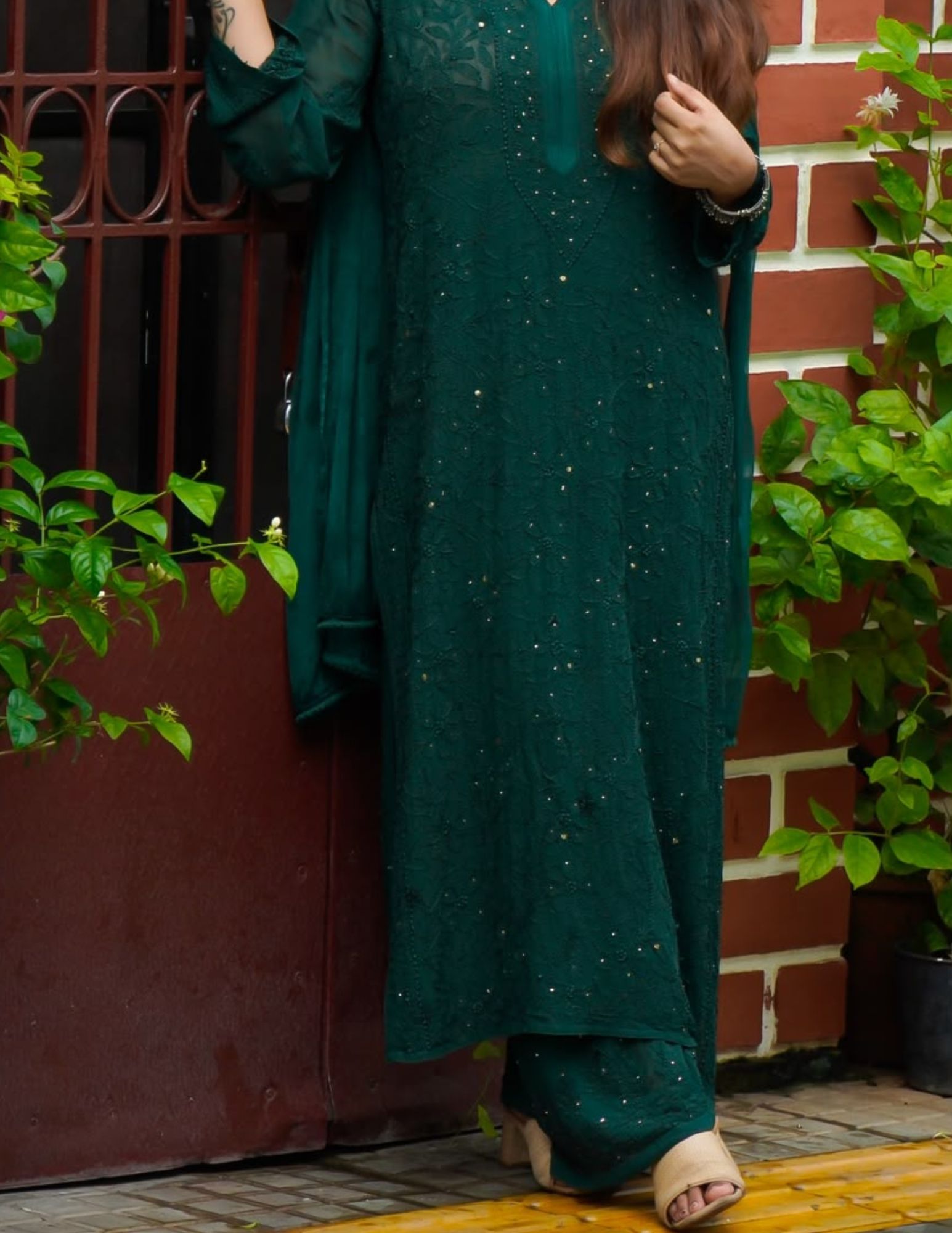 CHIKANKARI Viscose Georgette top and pant with mukesh- Bottle green(DUPATTA INCLUDING) - Image 3