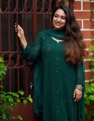 CHIKANKARI Viscose Georgette top and pant with mukesh- Bottle green(DUPATTA INCLUDING)