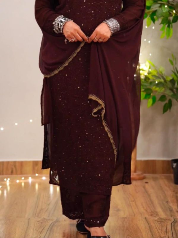 CHIKANKARI Viscose Georgette top and pant with mukesh- DEEP BROWN(DUPATTA INCLUDING)Rincy - Image 3