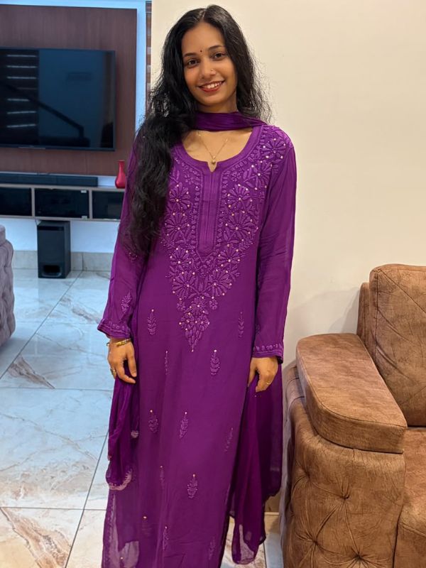CHIKANKARI Viscose Georgette top and pant with mukesh- purple(DUPATTA INCLUDING) - Image 5