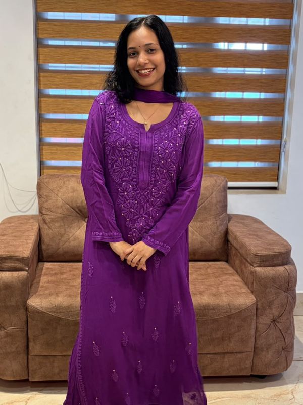 CHIKANKARI Viscose Georgette top and pant with mukesh- purple(DUPATTA INCLUDING) - Image 4