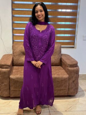 CHIKANKARI Viscose Georgette top and pant with mukesh- purple(DUPATTA INCLUDING)