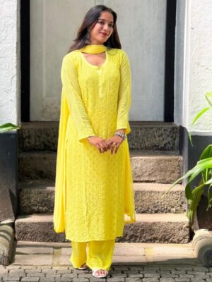 CHIKANKARI Viscose Georgette jaalwork  top and pant -yellow(DUPATTA INCLUDING)