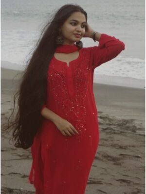 CHIKANKARI Viscose Georgette  top and pant with mukesh- red(DUPATTA INCLUDING)
